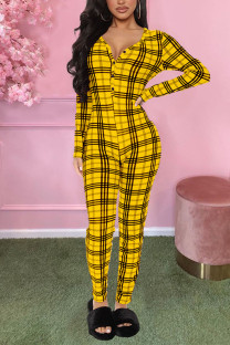 Yellow Casual Plaid O Neck Skinny Jumpsuits