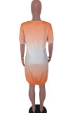 Orange Polyester Fashion Casual adult Ma'am Cap Sleeve Short Sleeves O neck Lantern skirt Knee-Length Character Dresses