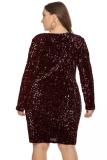 Navy Blue Blends adult Fashion Sexy V Neck Sequin Patchwork Embroidery Solid Stitching Plus Size Dress