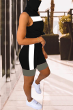 Black Casual Color Block Patchwork Turtleneck Sleeveless Two Pieces