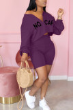 purple Fashion adult Ma'am Street O Neck Print Two Piece Suits Zipper Plus Size