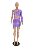 purple Sexy Plaid Print Backless Asymmetrical One Shoulder Long Sleeve Two Pieces