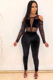 Black Fashion Casual perspective Mesh Patchwork Polyester Long Sleeve O Neck Jumpsuits