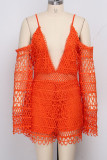 Orange Sexy Fashion Solid Patchwork lace Hollow Lace Long Sleeve O Neck Rompers