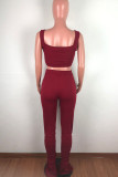 Wine Red Acrylic Fashion Celebrities Solid Draped Two Piece Suits pencil Sleeveless Two Pieces