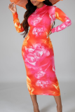 Colour Print Patchwork O Neck Pencil Skirt Dresses