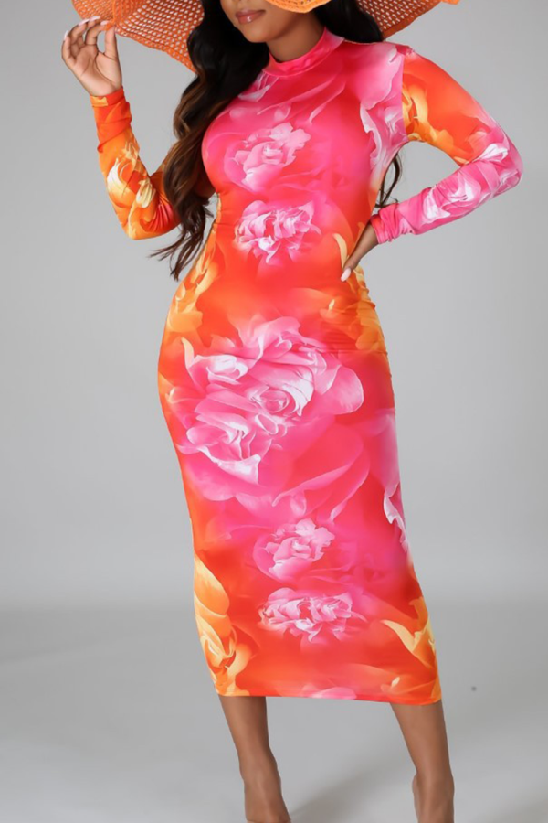 Colour Print Patchwork O Neck Pencil Skirt Dresses