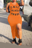 Black Casual Print Slit Letter Spaghetti Strap Pencil Skirt Dresses