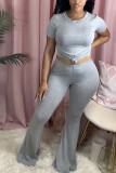 Grey Polyester Fashion Sexy adult Ma'am Solid Two Piece Suits Boot Cut Short Sleeve Two Pieces