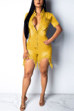 Yellow Fashion Solid Buttons Asymmetrical Turndown Collar Plus Size Jumpsuits
