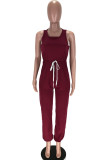 Wine Red Sexy Solid Cotton Blend Sleeveless Jumpsuits