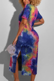 Blue Polyester Europe and America Short Sleeves O neck Pencil Dress Ankle-Length Print Tie and dye Dresses