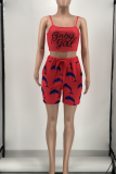 Red Sexy Print Patchwork Spaghetti Strap Sleeveless Two Pieces