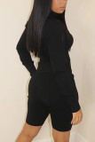 Black Casual Solid Turtleneck Long Sleeve Two Pieces