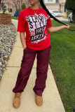 Red Street Print Letter O Neck Tops
