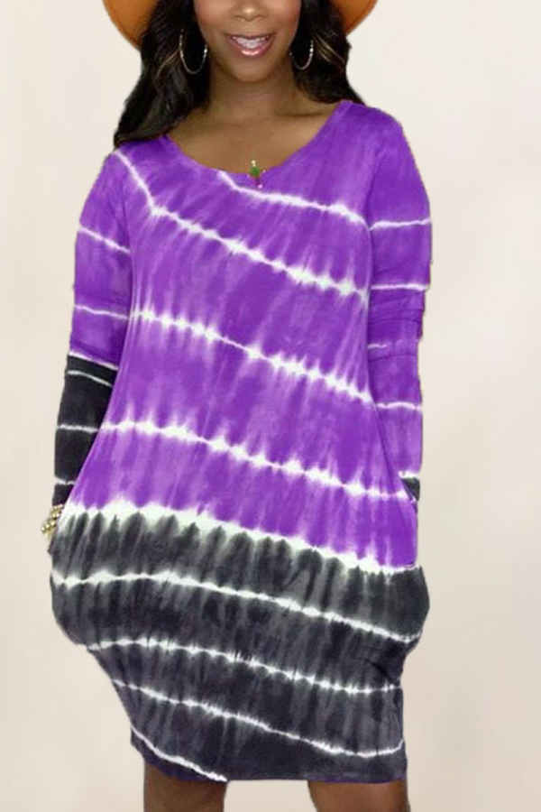 Purple Street Patchwork Tie-dye O Neck Ball Gown Dresses
