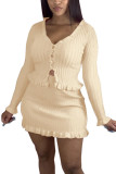 Beige Fashion Casual adult Ma'am Solid Two Piece Suits A-line skirt Long Sleeve Two Pieces