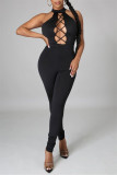 Light Pink Sexy Casual Solid Hollowed Out Backless O Neck Skinny Jumpsuits
