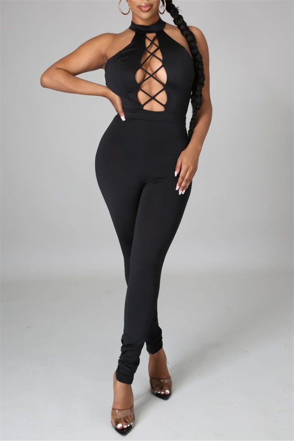 Black Sexy Casual Solid Hollowed Out Backless O Neck Skinny Jumpsuits