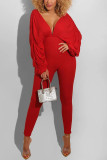 Red Sexy Elegant Solid Fold V Neck Regular Jumpsuits