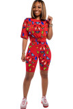 Yellow knit Fashion Sexy adult Ma'am Patchwork Print Two Piece Suits Straight Short Sleeve Two Pieces