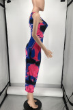 Multicolor Fashion Sexy Print Hollowed Out Backless One Shoulder Sleeveless Dress