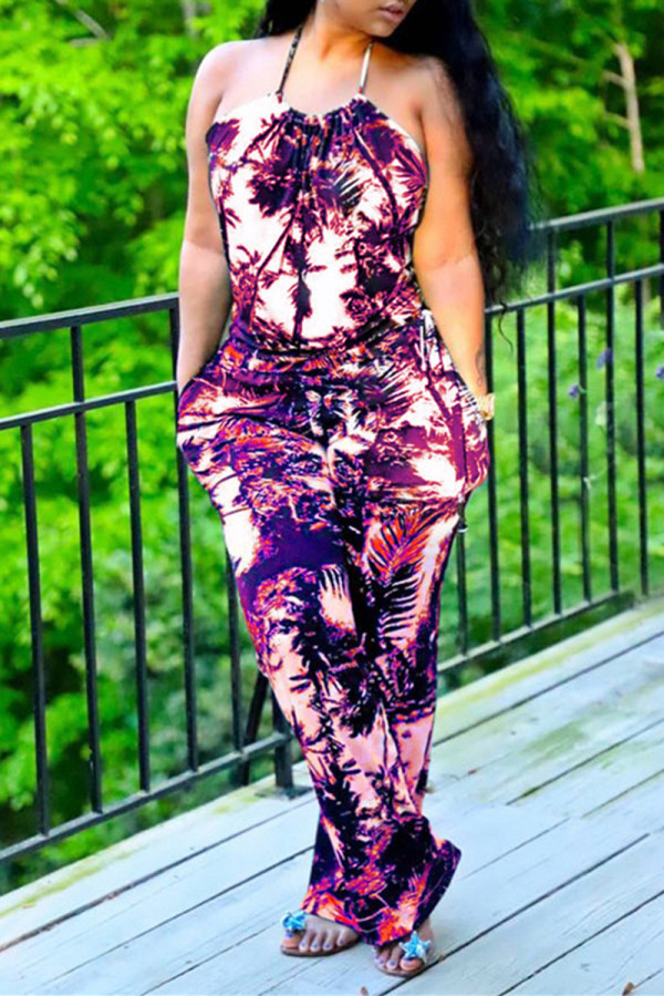 Burgundy Sexy Casual Print Backless Halter Regular Jumpsuits