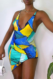Blue Sexy Print Patchwork V Neck Irregular Dress Dresses