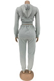 Grey Sportswear Solid Patchwork Hooded Collar Long Sleeve Two Pieces