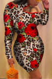 Red Sexy Leopard Patchwork Half A Turtleneck Pencil Skirt Dresses