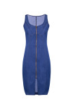 Blue Europe and America Sleeveless Slip Slim Dress Knee-Length Solid chain Dresses