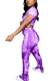 purple Polyester Fashion Casual adult Ma'am Print Draped Two Piece Suits pencil Short Sleeve Two Pieces