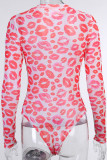 Red Sexy Print Lips Printed See-through O Neck Regular Bodysuits