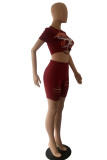 Red Fashion Sexy Print Ripped Hollowed Out O Neck Short Sleeve Two Pieces