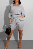 Grey Polyester Fashion Sexy adult Patchwork Solid Draped bow-knot pencil Half Sleeve Two Pieces