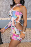 Pink Sexy Print Hollowed Out Half A Turtleneck Pencil Dresses