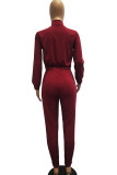 Wine Red Casual Solid zipper Long Sleeve Turndown Collar Jumpsuits