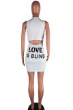 White Fashion adult Street White Tank Sleeveless O neck Step Skirt Mini Print Patchwork Character hollow out Dresses