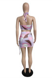 Multicolor Fashion Sexy Print Backless Halter Sleeveless Two Pieces