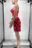 Red Sexy Print Patchwork Spaghetti Strap Sleeveless Two Pieces