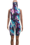 purple Polyester Fashion Sexy Print Two Piece Suits Straight Sleeveless Two Pieces