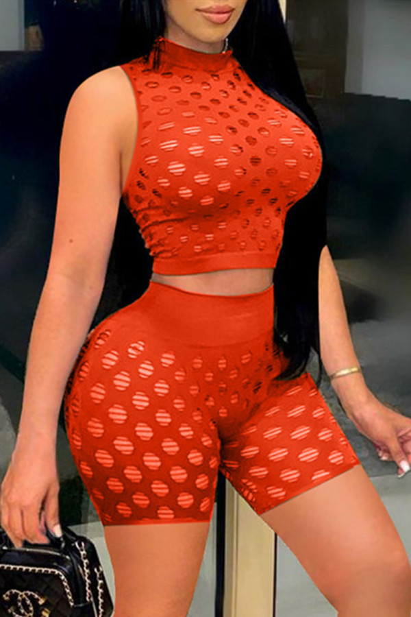 Orange Fashion Sexy Solid Hollowed Out See-through Half A Turtleneck Sleeveless Two Pieces