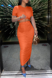 Tangerine Red Sexy Solid Patchwork O Neck Short Sleeve Two Pieces