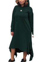 Dark green Sexy Fashion Cap Sleeve Long Sleeves Hooded Asymmetrical Ankle-Length Patchwork Long Sleeve Dresses