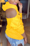 Yellow Casual Print Hooded Collar Tops