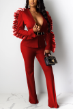 Red Fashion Solid Patchwork V Neck Long Sleeve Two Pieces