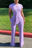 Pink Fashion Casual Solid Short Sleeve O Neck Jumpsuits