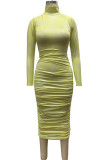 Yellow Polyester OL Long Sleeves Turtleneck Hip skirt Ankle-Length Print Draped Dresses