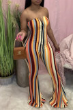 Rose Red Sexy Casual Striped Print Backless Strapless Regular Jumpsuits