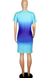 Blue Casual Print Patchwork O Neck A Line Dresses